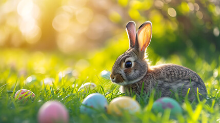 Fototapeta na wymiar Easter bunny on fresh spring sunny garden background of green grass and blurred foliage bokeh.