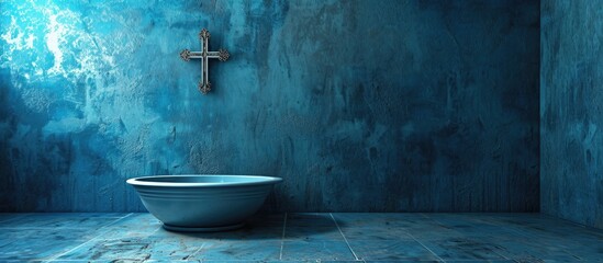 Religious baptismal font in a church with cross above in an arched blue alcove between pillars with textured wall. with copy space image. Place for adding text or design - obrazy, fototapety, plakaty