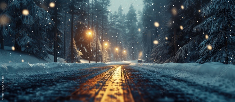 Poster lights of car and winter road in forest. with copy space image. place for adding text or design