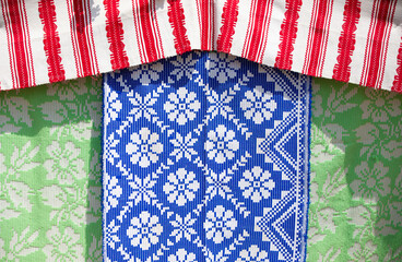 Slavic embroidered towels with ethnic patterns. National Belarusian or Ukrainian pattern on fabric.
