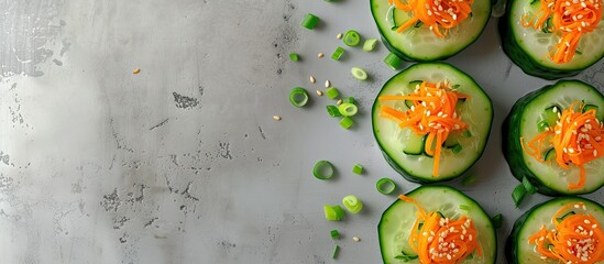 Traditional Korean cucumber kimchi snack cucumbers stuffed with carrots green onions garlic and sesame fermented vegetables horizontal orientation. with copy space image - obrazy, fototapety, plakaty