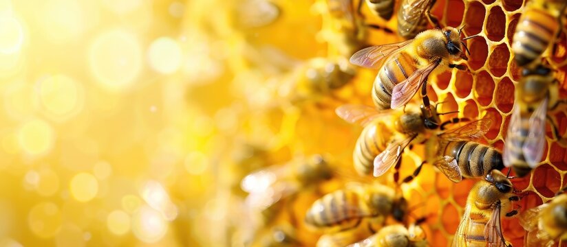 Bees on a honey comb with pollen. with copy space image. Place for adding text or design