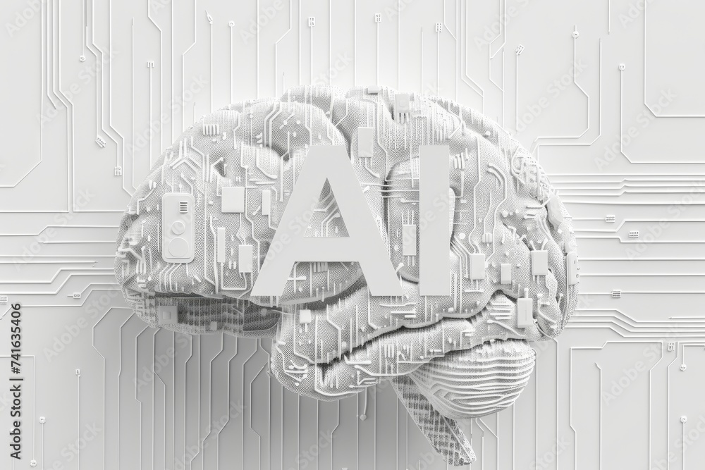 Poster ai brain chip nanomanufacturing. artificial intelligence neon ocean blue mind multiple sclerosis axo