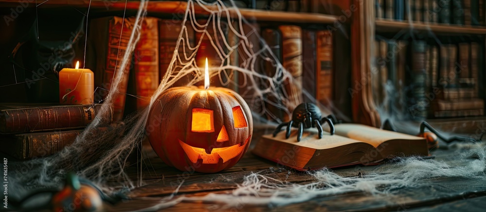 Poster halloween pumpkin with candle old books and spider web big spooky halloween symbol in the night. wit