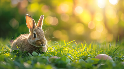 Easter bunny on fresh spring sunny garden background of green grass and blurred foliage bokeh.