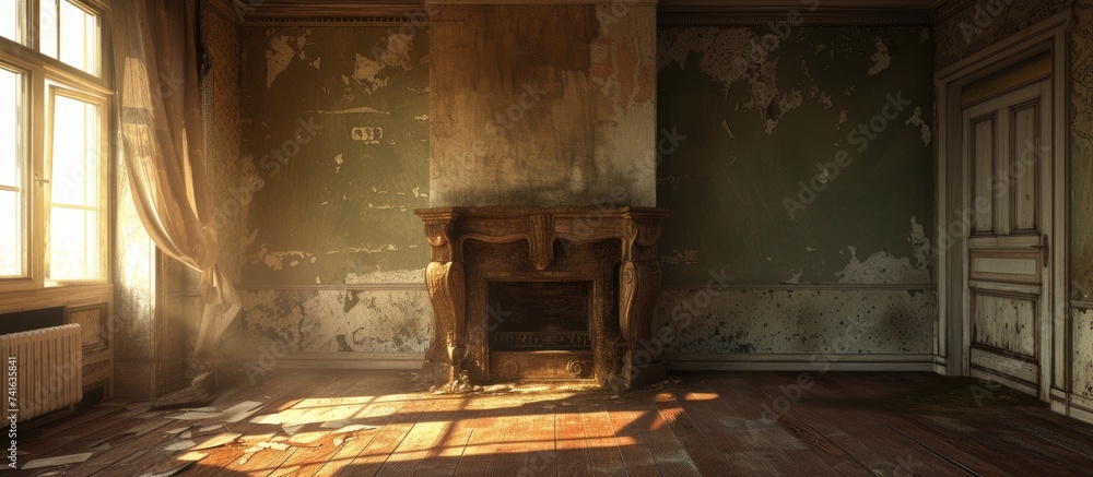 Aufkleber Old fireplace in abandoned mansion. with copy space image. Place for adding text or design