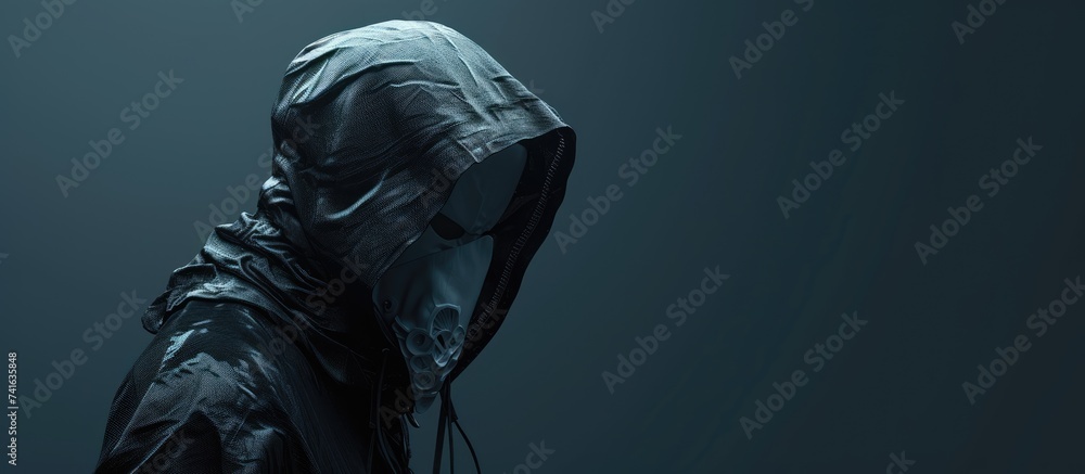 Poster male hacker dressed in black with a hood and a white mask using a computer. with copy space image. Place for adding text or design