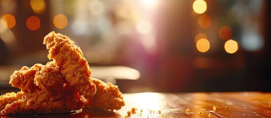Delicious crispy fried breaded chicken breast strips on restaurant table. with copy space image. Place for adding text or design - obrazy, fototapety, plakaty