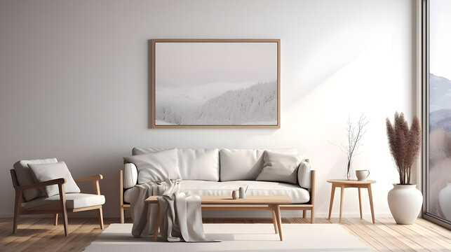 modern living room with white sofa and frames 