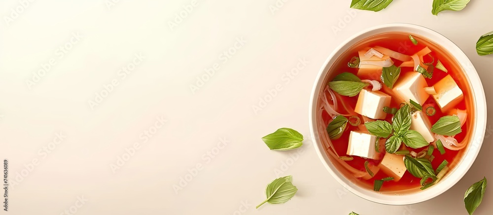 Poster Pho soup with tofu in a bowl The image is fully sharp front to back Clipping path. with copy space image. Place for adding text or design