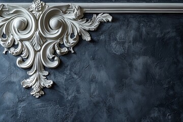 Decorative clay stucco with an ornament on a dark ceiling or wall in an abstract classic dark interior	