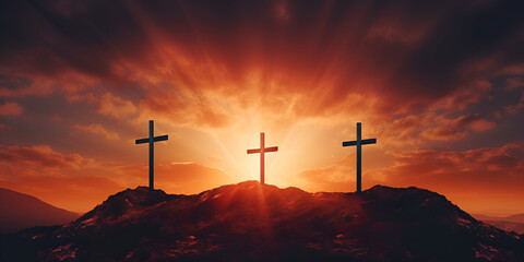 Crosses silhouetted against the setting sun in the mountains Ash Wednesday, Good Friday, Easter Sunday, Easter Monday, All Saints Day Religious.AI Generative - obrazy, fototapety, plakaty