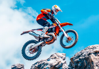 Motocross Rider on Cliff Edge Above Clouds.