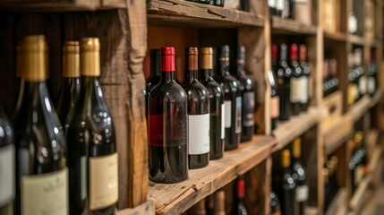 Red and white wine in bottles in wine shop