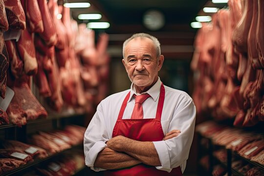 Man standing in front of meat.