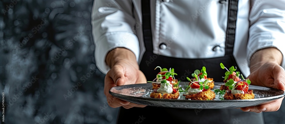 Aufkleber Waiter carrying plates with snack dishes on some festive event party or wedding reception Appetizing snacks on a tray. with copy space image. Place for adding text or design