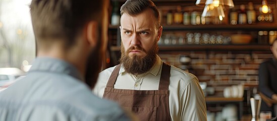 Image of angry bearded young man sitting in cafe Looking at waiter. with copy space image. Place...
