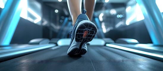 An athlete runs on a treadmill for a foot strike study biomechanical study of the foot. with copy space image. Place for adding text or design