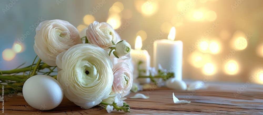 Aufkleber bouquet of white ranunculus flowers persian buttercup flowers and easter table decoration with goose