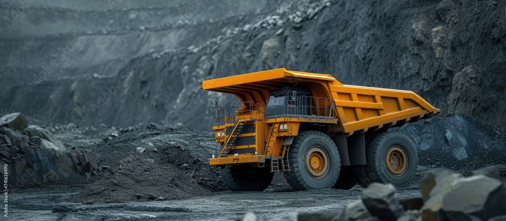 Poster A picture of a big yellow mining truck at work site. with copy space image. Place for adding text or design
