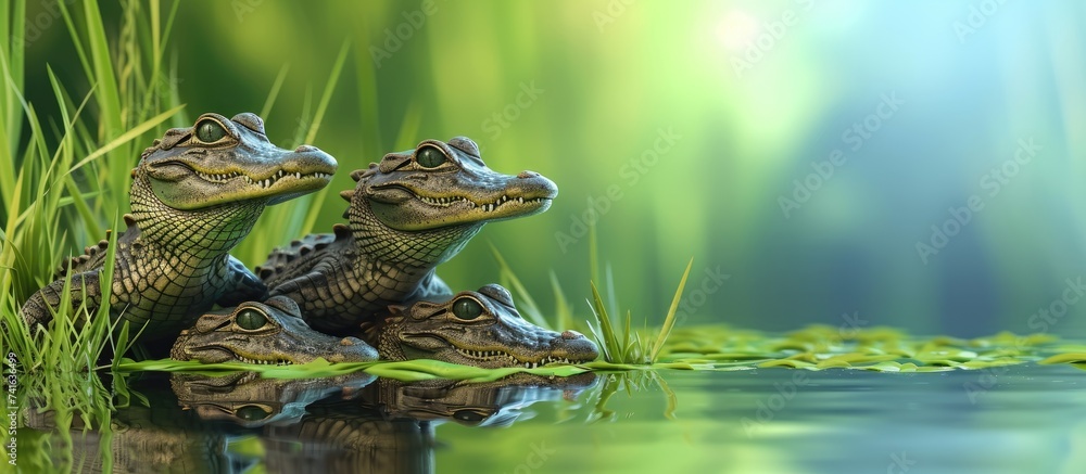 Aufkleber cute crocodiles babies bask on green grass near water. with copy space image. place for adding text 