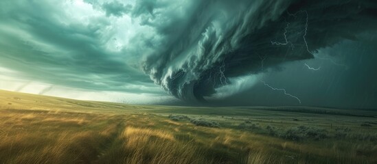 Panorama of a massive storm system which is a pre tornado stage passes over a grassy part of the Great Plains while fiercely trying to generate more energy. with copy space image - obrazy, fototapety, plakaty
