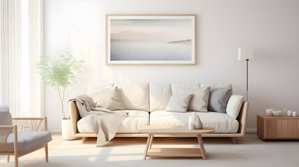 A horizontal poster frame mockup serving as a focal point in a modern Scandinavian living room, adding visual interest to the understated decor.