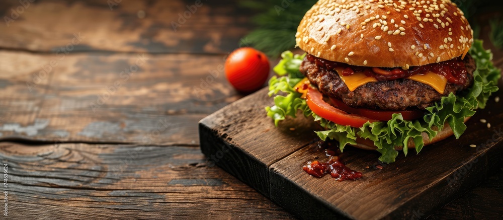 Poster crispy breaded chicken burger with mozzarella cheese standing on wooden cutting board. with copy space image. Place for adding text or design
