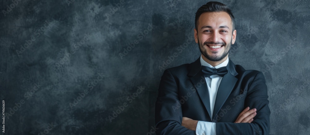 Poster Happy manager holding an empty white business card. with copy space image. Place for adding text or design
