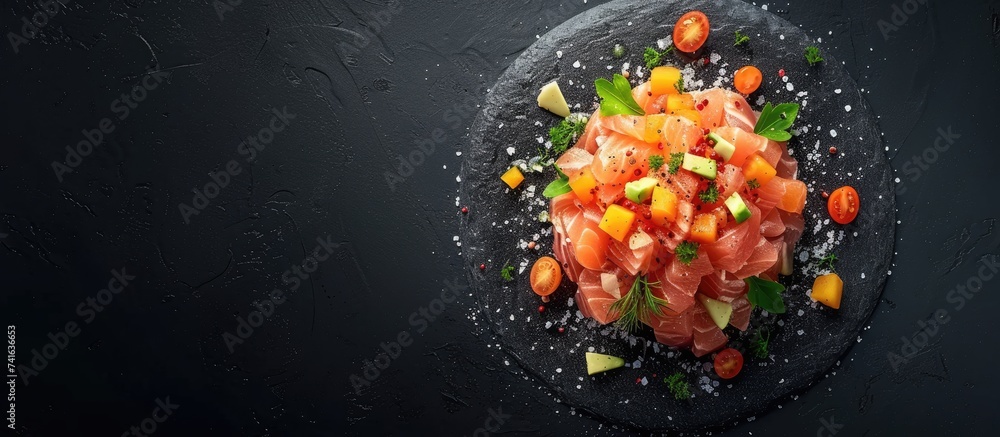 Poster Gourmet fish tartar raw from salmon fillet Salmon tartare with cucumbers toasted bread capers tomatoes lettuce and sauce Top view. with copy space image. Place for adding text or design