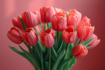 A bouquet of red tulips with a soft pink background.