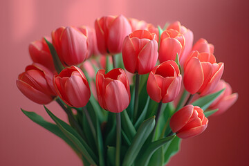 Fototapeta premium A bouquet of red tulips with a soft pink background.