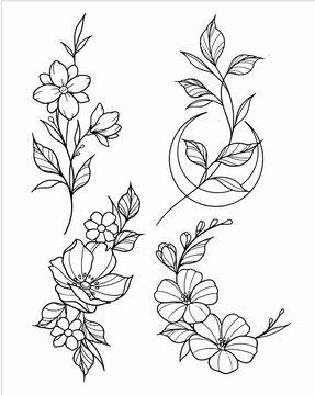 set of black and white flowers outline Vector SVG