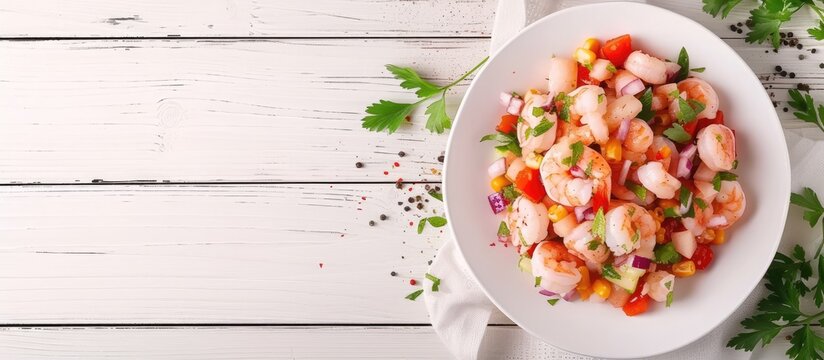 Ecuadorian shrimp ceviche a traditional appetizer On a white wooden table. with copy space image. Place for adding text or design