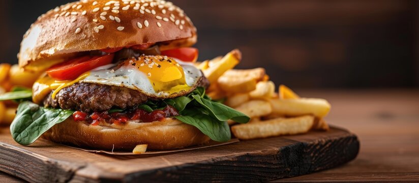 Prepare delicious fragrant golden sesame burger with fried egg spinach and meat cutlet placed on a table in wooden tray with fries golden potato and metal saucers. with copy space image