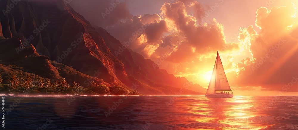 Aufkleber Hawaiian sunset with sailboat and mountains. with copy space image. Place for adding text or design