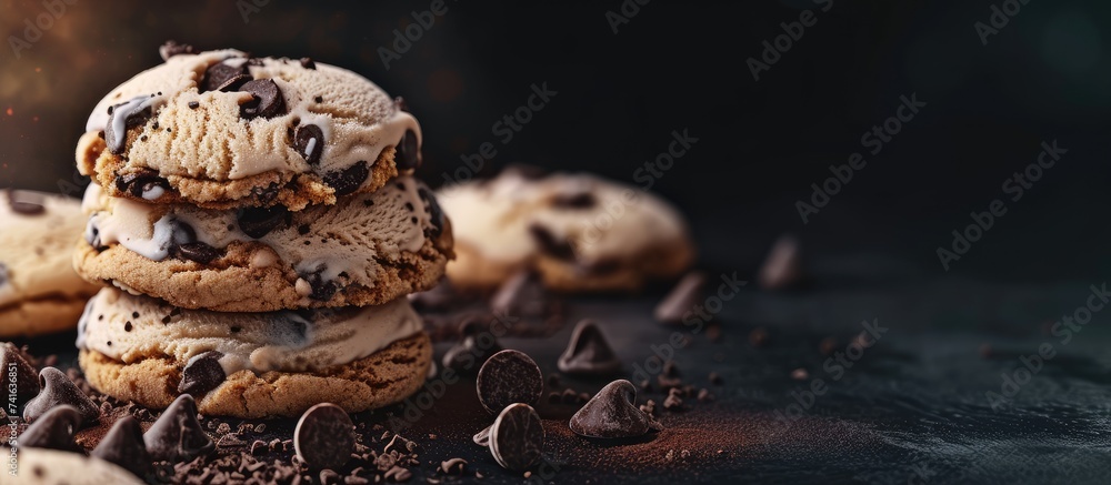 Poster homemade chocolate chip cookie ice cream sandiwch. with copy space image. place for adding text or d