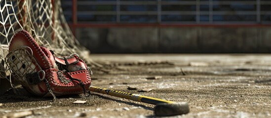 hockey helmet and stick lying on the field hockey pitch. with copy space image. Place for adding text or design - obrazy, fototapety, plakaty
