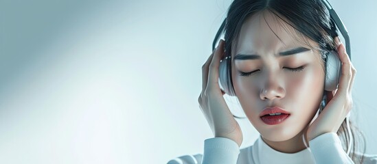 Headache asian woman customer service agent during working at call center service. with copy space...