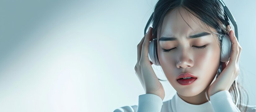 Headache asian woman customer service agent during working at call center service. with copy space image. Place for adding text or design