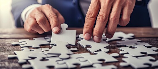 Naklejka premium Businessman suffering to have a piece of jigsaw puzzle. with copy space image. Place for adding text or design