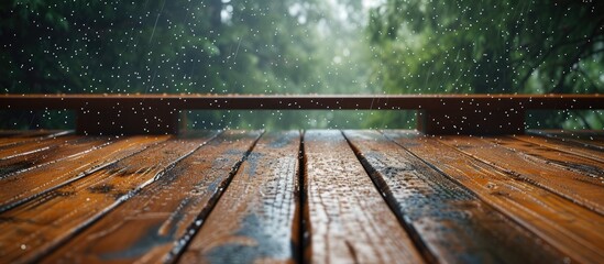 A wooden balcony that is wet with small hailstones. with copy space image. Place for adding text or design