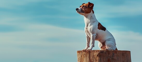 Fototapeta premium Happy Young Jack Russell Terrier Dog Winner poses on stump podium outdoors First place dog show Competition between pets Wire haired puppy. with copy space image. Place for adding text or design