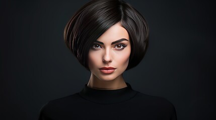 Beautiful young woman wearing short bob hairstyle on studio background - focus on the eyes
