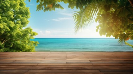 Beautiful  natural beach view with trees and parquet wallpaper