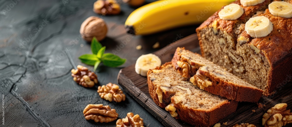 Fototapete Sliced banana bread with a walnuts nuts. with copy space image. Place for adding text or design