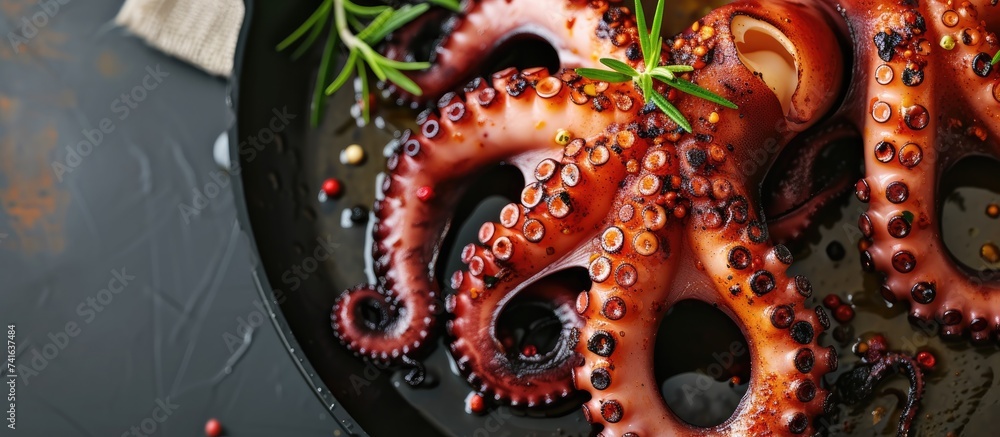 Aufkleber Grilled octopus with herbs and spices on frying pan Top view flat lay. with copy space image. Place for adding text or design