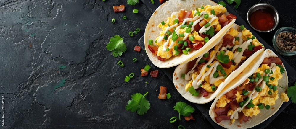 Poster Breakfast tacos with hashbrowns scrambled eggs and bacon topped with cheese and green onion overhead shot. with copy space image. Place for adding text or design