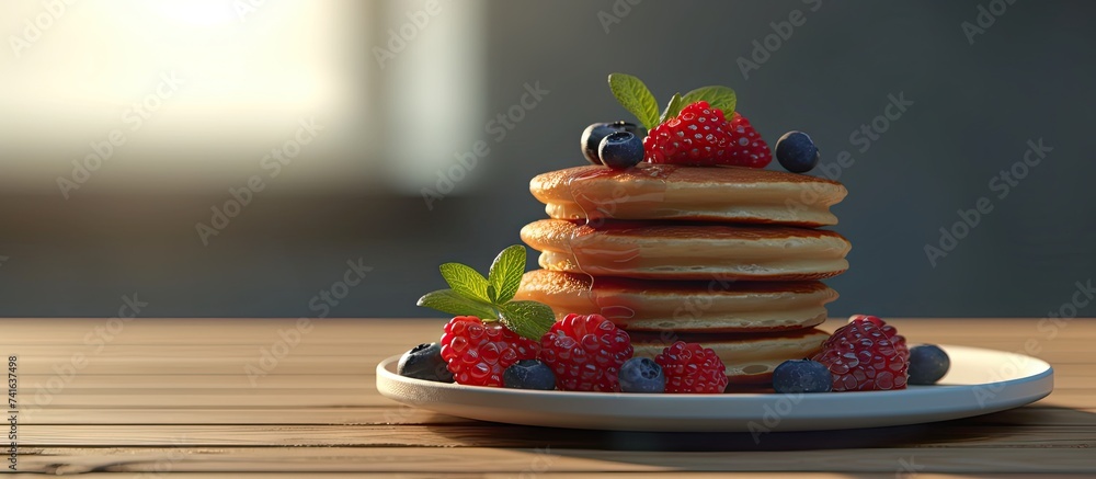 Poster funny flower pancake with berries for kids breakfast. with copy space image. place for adding text o
