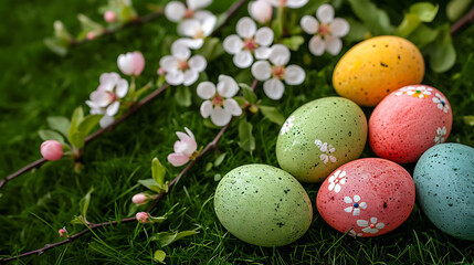 Obraz na płótnie Canvas top view of multi colored painted easter eggs on the green grass with springtime daisy flowers